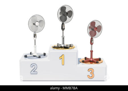 Ständigen Sockel elektrische Ventilatoren ratings Konzept. Siegertreppchen mit elektrischen Ventilatoren, 3D-Rendering Stockfoto