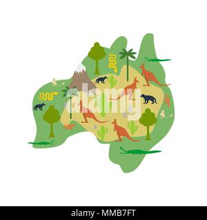 Australien Karte Flora und Fauna. Tiere und Pflanzen auf dem Festland. Vector Illustration Stock Vektor