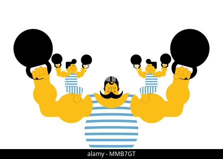 Sport starke Familie Dynastie. Retro Strongman und Kinder. Vintage Sportler. Zirkus Bodybuilder. Mann der musls in poloat Kleidung. Vector Illustration Stock Vektor