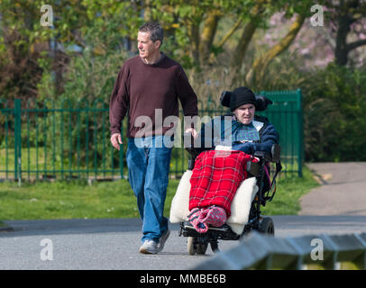 Männliche Pflegeperson helfen einem Menschen mit offensichtlichen Behinderungen im Rollstuhl, wandern durch einen Park in Großbritannien. Stockfoto