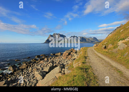 Schöne Küste in der Nähe von Uttakleiv, mit Bergen im Hintergrund, Lofoten, Norwegen, Europa Stockfoto