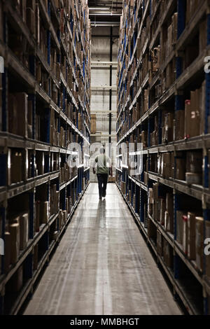 Single Lagerarbeiter in zwischen großen Racks von Kartons auf Paletten in einem großen Auslieferungslager; Stockfoto