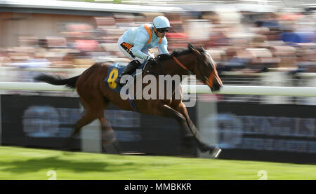 Datum der Hochzeit geritten von Sylvester De Sousa gewinnt den Britischen Hengst Bolzen E.B.F. Maiden Stakes, während Damen Tag des 2018 Boodles Mai Festival an der Rennbahn von Chester. Stockfoto