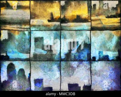 Abstrakte Malerei. Urban Silhouetten auf Quadrat Mosaik Muster. Stockfoto
