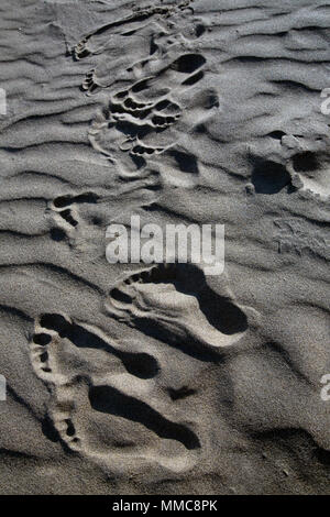 Spuren im Sand eines englischen Strand, am späten Nachmittag im Sommer Familienurlaub, lange Schatten über die Wellen im Sand, Sandown, England. Stockfoto