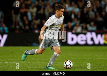 London, Großbritannien. 10. Mai 2018. Ander Herrera von Manchester United in Aktion. Premier League match, West Ham United v Manchester United auf dem Londoner Stadion, Queen Elizabeth Olympic Park in London am Donnerstag, den 10. Mai 2018. Dieses Bild dürfen nur für redaktionelle Zwecke verwendet werden. Nur die redaktionelle Nutzung, eine Lizenz für die gewerbliche Nutzung erforderlich. Keine Verwendung in Wetten, Spiele oder einer einzelnen Verein/Liga/player Publikationen. pic von Steffan Bowen/Andrew Orchard sport Fotografie/Alamy leben Nachrichten Stockfoto