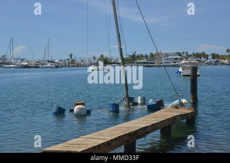 Mitglieder der Maria ESF-10 PR Unified Command Umfrage eine geerdete Boot am Ponce Yacht und Fishing Club in Ponce, Puerto Rico, Okt. 14, 2017. Die Maria ESF-10 PR Unified Befehl ist der Abteilung der natürlichen und ökologischen Ressourcen, der U.S. Coast Guard und andere Bundes-, Landes- und lokalen Stellen. Das ESF 10 ist der Rahmen durch die Bundesmittel mit staatlichen Behörden in Reaktion auf tatsächliche oder potenzielle ausgelaufenes Öl oder gefährliche Materialien Pressemitteilungen koordiniert wird. U.S. Coast Guard Foto von Petty Officer 1st Class Timothy Tamargo Stockfoto