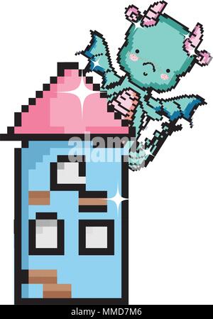 Pixel cute Dragon im Turm mit Windows Stock Vektor