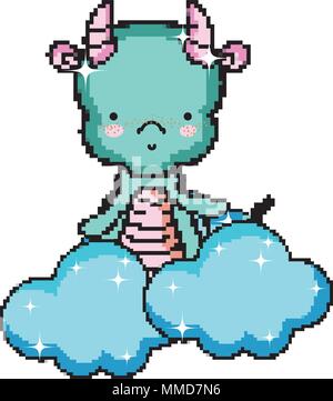 Pixel niedlichen Drachen mit Flügeln in den Wolken Stock Vektor