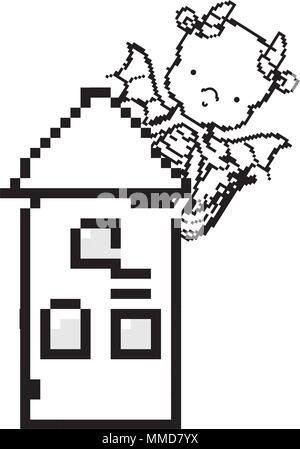 Zeile Pixel cute Dragon im Turm mit Windows Stock Vektor