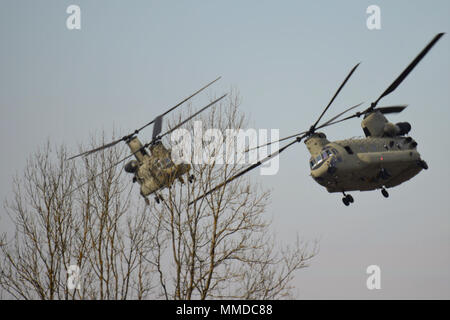 Grafenwöhr, Deutschland - An einem kalten und windigen Nachmittag, CH-47 Chinook Hubschrauber auf das erste Bataillon zugeordnet, 3 Aviation Regiment, 12 Combat Aviation Brigade unterstützt Unternehmen, 2.BATAILLON, 503Rd Infanterie Regiment, 173Rd Airborne Brigade während einem Platoon Level Live Fire Übung an der 7th Army Training Befehl Grafenwöhr Training Area, Deutschland, 20. März 2018. (U.S. Armee Stockfoto