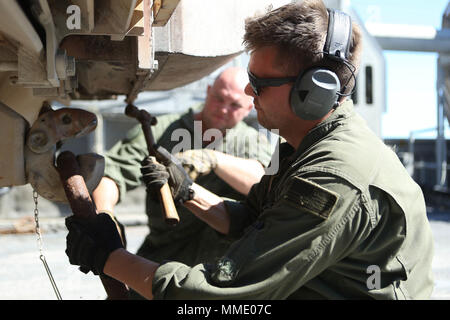 U.S. Navy Petty Officer 1st Class Brian Schere, angriff Handwerk Einheit vier, legt einen Gang rig Schäkel an der Kraftheber eines Tanks während einer Übung in Camp Lejeune, N.C., Okt. 20, 2017. Scher Teil Fett Alligator 17, eine jährliche Übung die entworfen wurde, um die Navy und Marine Corps Team mit Partnerstaaten zu trainieren, zu verfeinern und zu stärken Kern amphibischen Kompetenzen Critical power Projektion auf den Seeverkehr. (U.S. Marine Corps Foto von Lance Cpl. Scarlet A. Scharf) Stockfoto