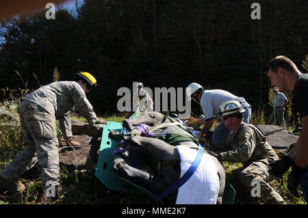 Mitglieder der West Virginia National Guard, Clendenin Freiwillige Feuerwehr und Glasgow Freiwillige Feuerwehr ein Leben ziehen große Pferd Mannequin in unebenem Gelände während einer tierrettung Schulung Okt. 2017 WVNG Zentrum für nationale Antwort. Mehr als 50 Schützen Sie Mitglieder und lokale Feuerwehrmänner bilden die West Virginia Swift Wasser Rescue Team nach der Überschwemmung im Jahr 2016, die FEMA Stufe 2 Swift Wasser/Hochwasser Suche und Wiederherstellung von Status mit dieser Ausbildung erworben. (U.S. Army National Guard Foto von Sgt. Zoe Morris) Stockfoto