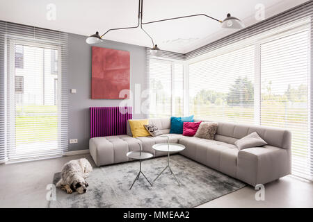 Moderne, helle Wohnzimmer mit gemütlicher Eckcouch, Artwork, Couchtisch, Jalousien und Teppich Stockfoto