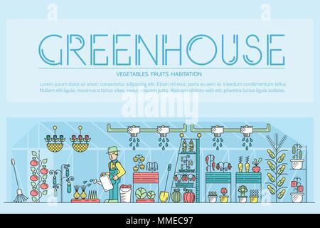 Gärtner Bewässerung von Pflanzen im Gewächshaus vektor Entwurfskonzept Stock Vektor