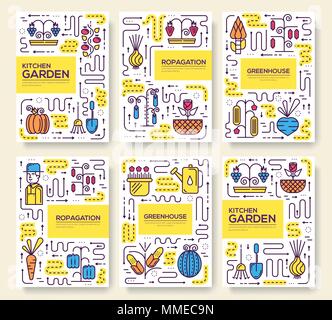 Gärtner Bewässerung von Pflanzen im Gewächshaus dünne Linie eingestellt. Gemüse wachsen im Treibhaus lineare Vorlage von flyear, Zeitschriften, Plakate, Cover, Banner Stock Vektor