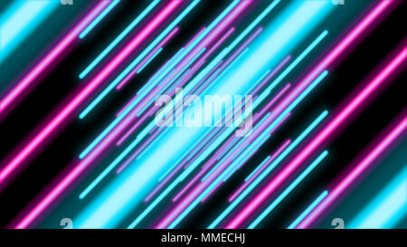 Ein holografisches 3D-Darstellung einer abstrakten Tunnel vom leuchtenden Blau, Violett und Rosa Balken diagonal im schwarzen Hintergrund zu hetzen. Sie erstellen eine Stockfoto