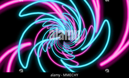 Eine mehrdimensionale 3D-Darstellung einer abstrakten Leitung von funkelnden blauen, violetten und rosa wirbelt auf einander in dem schwarzen Hintergrund eingeführt. Es l Stockfoto