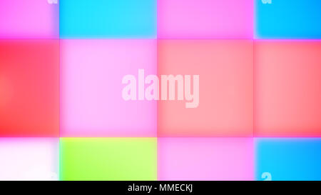 Eine fröhliche 3D-Rendering von grün, blau, weiß, rosa und gelbe led quadratische Tasten, eine optimistische Hintergrund für ein feierliches Ereignis. Optimistisch m Stockfoto