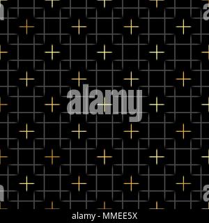 Schwarze Quadrate und Gold Star geometrische Muster wiederholen. Stoff drucken. Nahtlose Hintergrund, Mosaik Verzierung, ethnischen Stil. Design für Drucke auf Textilien, Textilwaren, Oberfläche, Papier, Tapeten, innen Stock Vektor