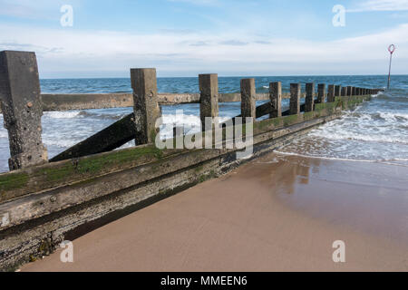 Eine hölzerne groyne auf joppe Strand auf der Firth-of-Forth in Edinburgh. Stockfoto