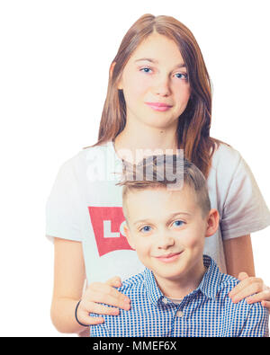 Bruder und Schwester Geschwister formale Portrait auf weißem Hintergrund Stockfoto