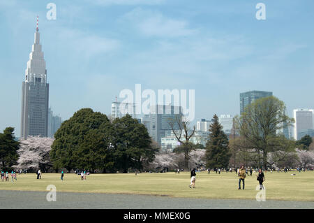 Das NTT Docomo Turm von Shinjuku Gyoen National Garten, Tokio Stockfoto