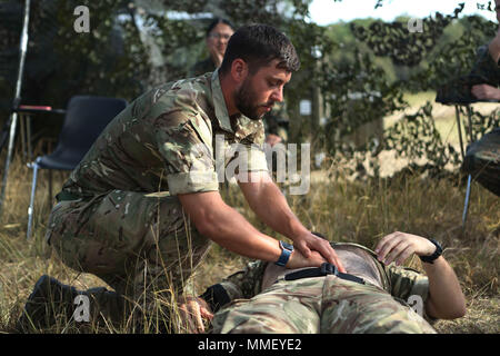 British Royal Navy führende medizinische Assistentin Adam Turner zeigt die korrekte Technik auf innere Schäden während einer Übung in Camp Lejeune, N.C., Oktober 22, 2017 zu prüfen. Turner nahmen an Bold Alligator 17, eine jährliche Übung die entworfen wurde, um die Navy und Marine Corps Team mit Partnerstaaten zu trainieren, zu verfeinern und zu stärken Kern amphibischen Kompetenzen Critical power Projektion auf den Seeverkehr. (U.S. Marine Corps Foto von Lance Cpl. Scarlet A. Scharf) Stockfoto