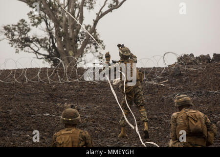 Ein US-Marine assaultman versucht, eine stacheldraht Hindernis im Infanteriezug Schlacht Kurs an der Pohakuloa Training Bereich auf der Insel Hawaii, Okt. 25, 2017 zu verstoßen. Die Marine ist mit 2.BATAILLON, 3. Marine Regiment, und beteiligt sich an Ipbc für Übung Bougainville II. Übung Bougainville II bereitet 2. Bn., 3 Marines für den Dienst als vorwärts Einsatztruppen ist im Pazifik durch die Ausbildung als bodenkampf Element in einem Marine Air-Ground Task Force zur Bekämpfung. (U.S. Marine Corps Foto von Lance Cpl. Isabelo Tabanguil) Stockfoto