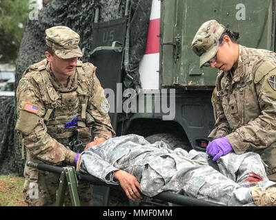 Die Ärzte, die an die Zentrale und Sitz der Batterie, 5 Battalion, 7th Air Defense Artillery Regiment zugeordnet ist, um ein Mass Casualty Training Durchführung zusammen mit deutschen, griechischen und U.S. Navy medizinisches Personal während Artemis Streik in Chania, Kreta 31. Okt.-Nov. 6, 2017. Die Ausbildung konzentriert sich auf die Rolle einer medizinischen Behandlung zu opfern und die Unterstützung von Artemis Streik, einer gemeinsamen multinationalen Air Missile Defence ausüben. Stockfoto