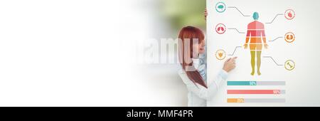 Menschliche Körper Grafik und Statistik Balkendiagramme mit Frau mit Karte und leere Übergang Stockfoto