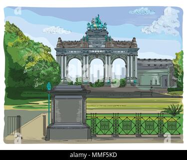 Der Triumphbogen im Park des 50. Jahrestag in Brüssel (Belgien). Wahrzeichen von Brüssel. Vektor hand Zeichnung bunt Abbildung: isol Stock Vektor