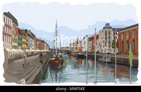 Pier in Kopenhagen, Dänemark. Wahrzeichen von Dänemark. Vektor bunte hand Zeichnung Abbildung auf weißem Hintergrund. Stock Vektor