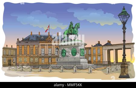 Schloss Amalienborg in Kopenhagen, Dänemark. Wahrzeichen von Dänemark. Bunte Vektor hand Zeichnung Abbildung auf weißem Hintergrund. Stock Vektor
