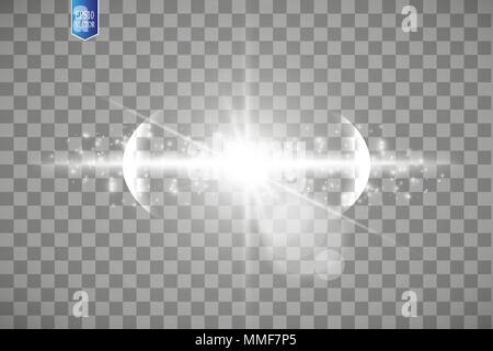 Auswirkung der Explosion, fliegen in verschiedenen Richtungen der Partikel, leuchtende weiße Linse. Vector Illustration Sterne blinken. Weiß strahlen und Funken auf einem transparenten Hintergrund Stock Vektor