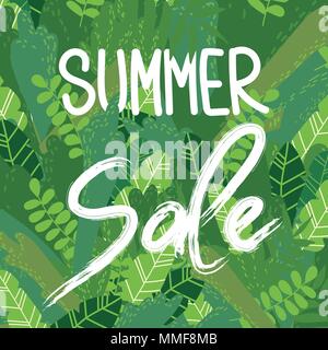 Vektor Cartoon Stil Hintergrund von exotischen tropischen grünen Blättern und Sträuchern. Hand phrase Summer Sale geschrieben. Banner für Verkauf Förderung Stock Vektor