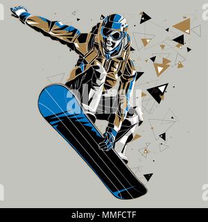 Snowboarder mit einem grafischen Trail. Vector Illustration einer springen Snowboarder, isolierte grauen Hintergrund. Stock Vektor