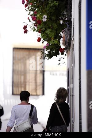 Madrid, Spanien. 10. Mai, 2018. Menschen gehen unter die Blumen in Cordoba, Spanien, am 10. Mai 2018. Die Patios Festival in Cordoba ist von 1. Mai bis 13. Mai statt. Quelle: Guo Qiuda/Xinhua/Alamy leben Nachrichten Stockfoto