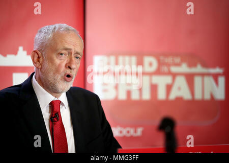 Der Führer der Jeremy Corbyn im Fairfield Ship Building Museum in Glasgow, wo der Labour Party für die Unterstützung der britischen Schiffbau als Teil einer umfassenderen Strategie für die Industrie und die von der konservativen Regierung aufgerufen, um zu gewährleisten, dass drei neue königliche Flotte Hilfsschiffe in heimischen Werften gebaut werden. Stockfoto