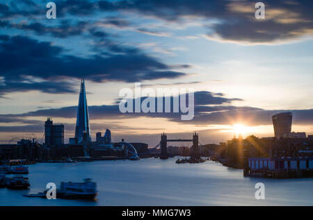 Themse, London Eye, Tower Bridge, The Shard, Walkie Talkie und die Innenstadt von London aus Rotherhithe gesehen. Bild Datum: Donnerstag, Mai 10, 2018. Stockfoto