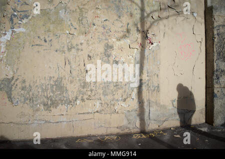 Schatten des Gebuckelt Mensch und Baum auf Mauer (in desolaten Zustand), rue de Clignancourt, 75009 Paris, Frankreich Stockfoto
