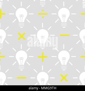 Weiße silhouette Glühbirne mit gelben mathematische Zeichen auf grauem Hintergrund. Nahtlose Muster Hintergrund Design für kreative oder Kenntnisse in vector Lllustrat Stock Vektor