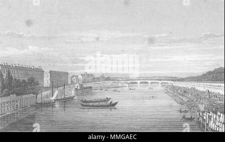 PARIS. Pont Louis XVI, Royal. Seine boot 1828 alte antike Bild drucken Stockfoto