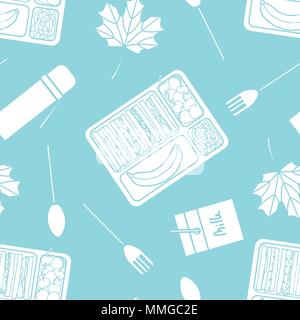 Weiße silhouette Lunch Box Set random auf blauem Hintergrund. Nahtlose Muster Hintergrund Design für Essen in Vector Illustration. Stock Vektor