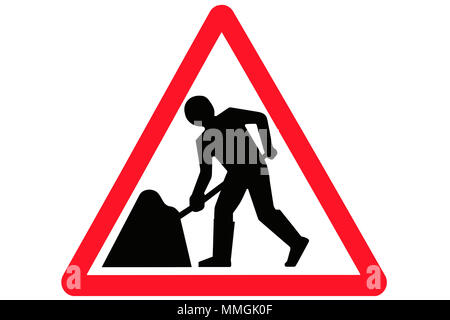 Eine Darstellung der Männer an der Arbeit Verkehrsschild mit einer männlichen Figur Silhouette auf Innen weiß mit einem roten Dreieck isoliert Stockfoto
