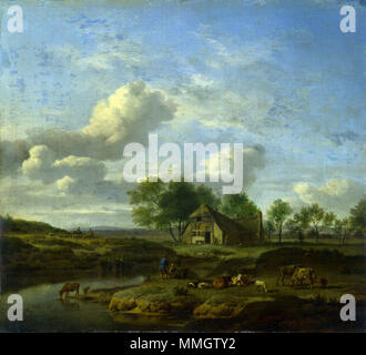 Eine Landschaft mit einer Farm von einem Bach. 1661. Adriaen van de Velde - Een landschap met een Boerderij (1661) Stockfoto