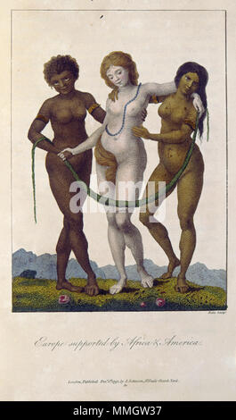 . Englisch: Blake nach John Gabriel Stedman Erzählung eines fünf Jahre Kopie 2 Objekt 16: 'Europa unterstützt von Afrika und Amerika". 1796. William Blake (1757 - 1827) Alternative Namen W. Blake; Uil" iam Bleik Beschreibung britische Maler, Dichter, Schriftsteller, Theologe, Sammler und Graveur Geburtsdatum / Tod 28. November 1757 12. August 1827 Ort der Geburt / Todes Broadwick Street Charing Cross Standort London Authority control: Q 41513 VIAF:?:? ISNI 54144439 0000 0001 2096 135 X ULAN:?? n 500012489 LCCN: 78095331 NLA:? 35019221 WorldCat Blake nach John Gabriel Stedman Erzählung eines Fi Stockfoto