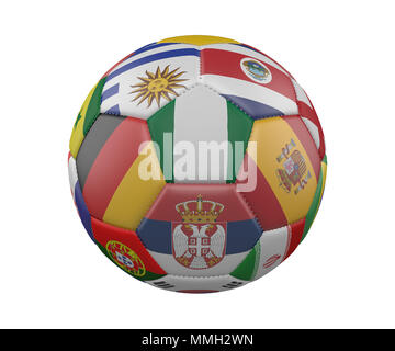 Fußball mit Fahnen auf weißem Hintergrund, Nigeria im Zentrum, 3D-Rendering Stockfoto