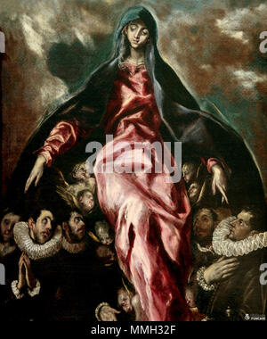 . Español: La Obra, titulada la Virgen de la Caridad, Vertreter a la Virgen María junto a un Grupo de fieles. Debía ser Uno de los Cuadros más importantes de la composición, donde El Greco intenta mostrarnos La virtud de la Caridad a través de una iconografía de raigambre mittelalterlichen sobre la Virgen de la Misericordia. En el centro de la composición se encuentra La imponente Virgen abriendo su Manto y cobijando a un Grupo de fieles ataviados con Gola Castellana, Siguiendo la Moda de la época; siendo algunas de Estas figuras retratos de Caballeros pertenecientes a la Cosecha toledana Del Siglo X Stockfoto