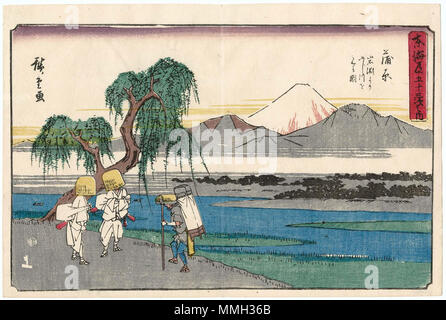 . Ѵ ?????: զ ެ??????+?? ĵئ?????????????? 뵼????????+???????? ئ???????+??? Ʀ զ bestanden??????????????????????????????? ު գ???? Englisch: Kanbara: Blick auf den Fuji River von Iwafuchi (Kanbara, Iwafuchi yori Fujikawa o Miru zu), aus der Serie der 53 Stationen der kaid T+?+? Straße (kaid T+?+? Rvj++ San tsugi no Uchi), auch als Gy + bekannt? sho kaid T+?+? . Zwischen 1841 und 1844. Hiroshige - Kanbara Gyosho Tokaido Stockfoto